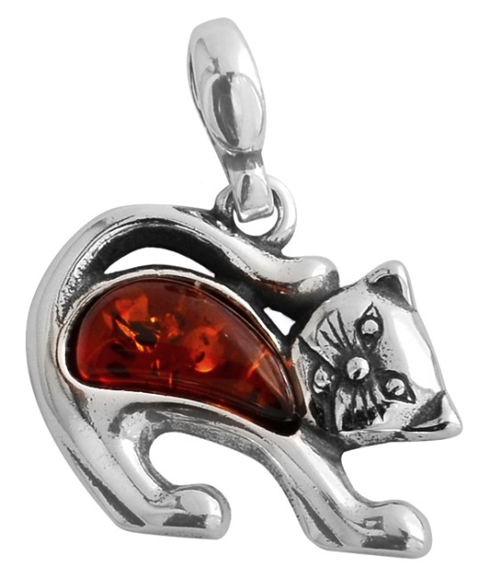 Przejdź do produktu Wisiorek "Kotek" z koniakowym bursztynem