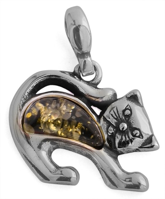 Przejdź do produktu Wisiorek "Kotek" z zielonym bursztynem