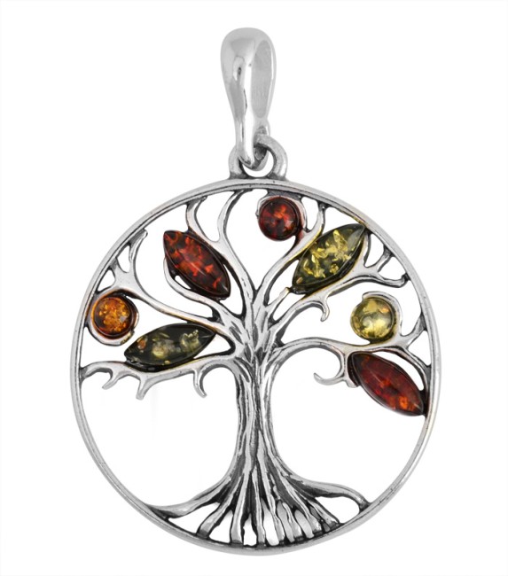 Przejdź do produktu Wisior "Drzewo" z zielonym i koniakowym bursztynem 