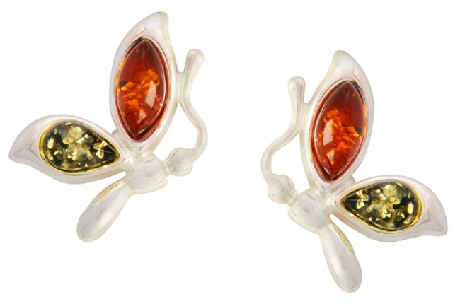 Przejdź do produktu Kolczyki "Motylki" w koniakowym i zielonym bursztynem