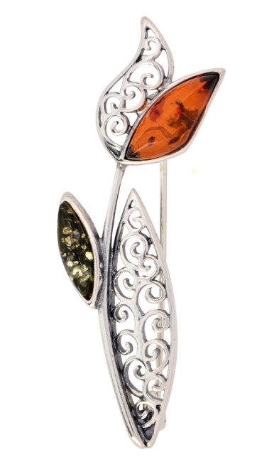 Przejdź do produktu Broszka "Tulipan" z koniakowym i zielonym bursztynem