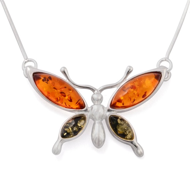 Przejdź do produktu Naszyjnik "Motyl" z zielonym i koniakowym bursztynem