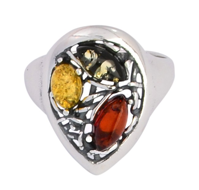 Przejdź do produktu Pierścionek z koniakowym, zielonym i cytrynowym bursztynem